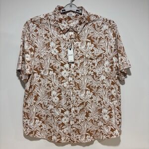ROWM Mens‎ Hawaiian Short Sleeve Button Up Shirt White Brown Floral Print Sz 2XB